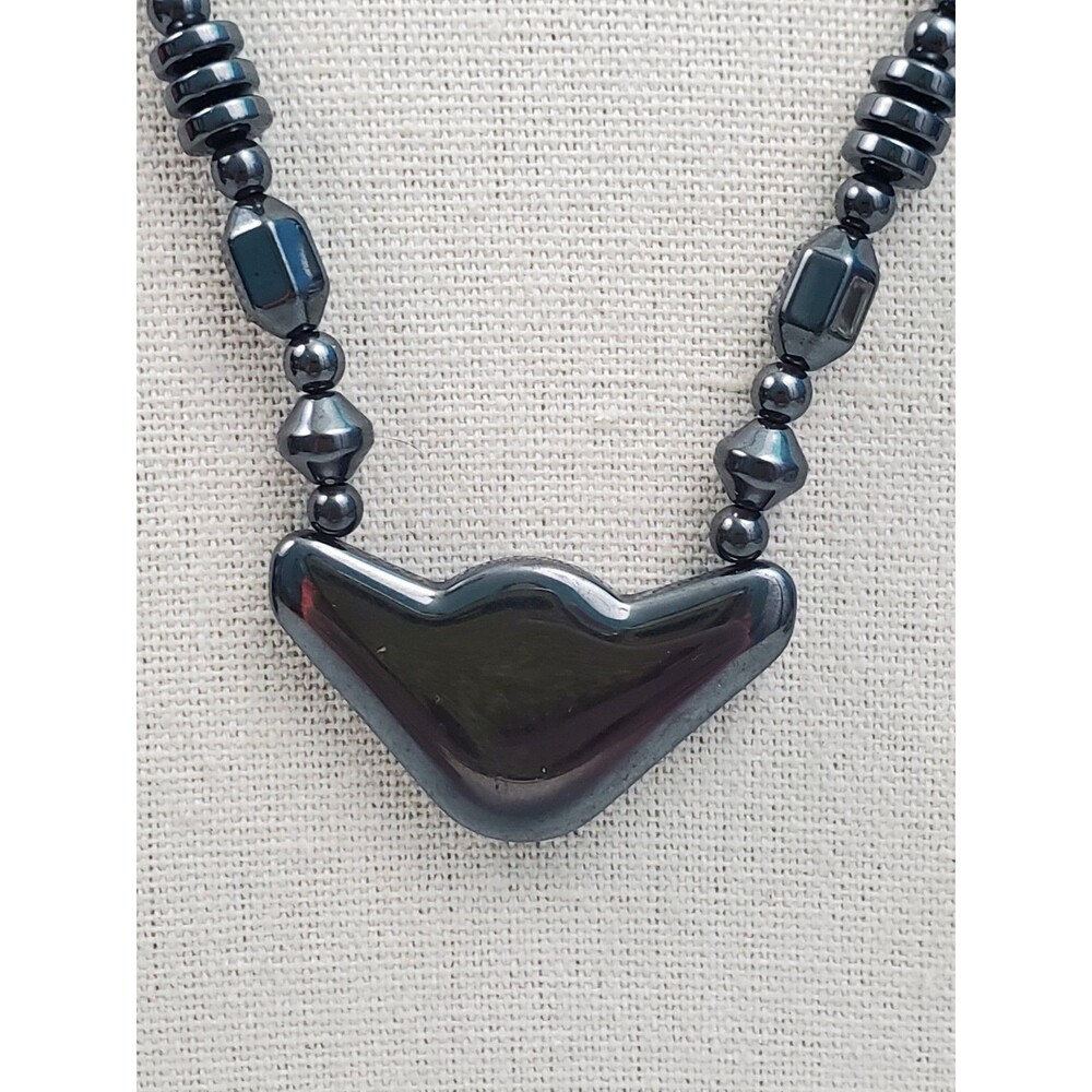 Vintage Genuine Hematite Beaded Necklace Chevron V Pendant Gold Tone Clasp
